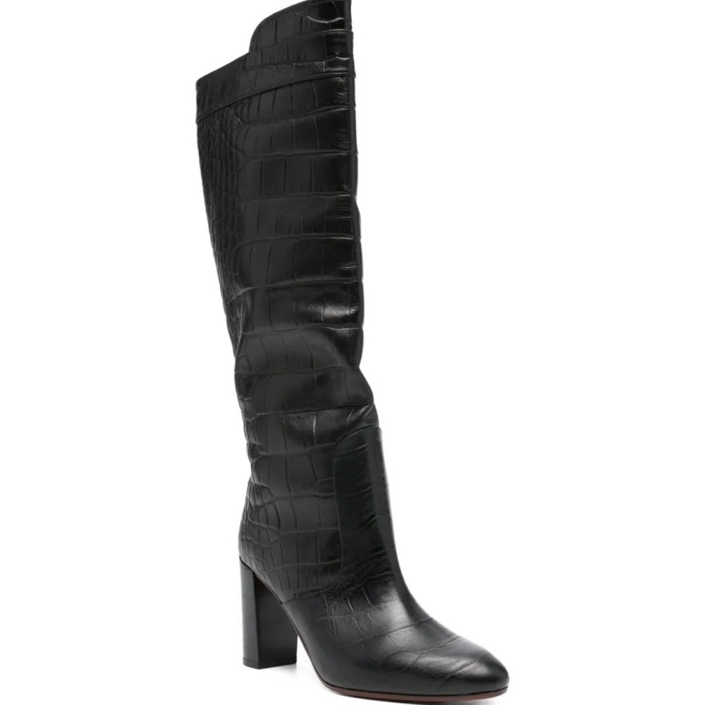 Chie Mihara leather Black Croc-Embossed Knee high Block Heel Boots - Picture 2 of 7